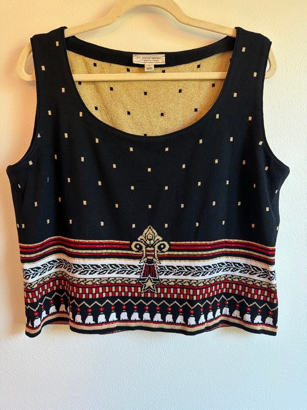 Vtg St. John Sport by Marie Gray Knit Black Metallic Fair Isle Bead Tank Top | L